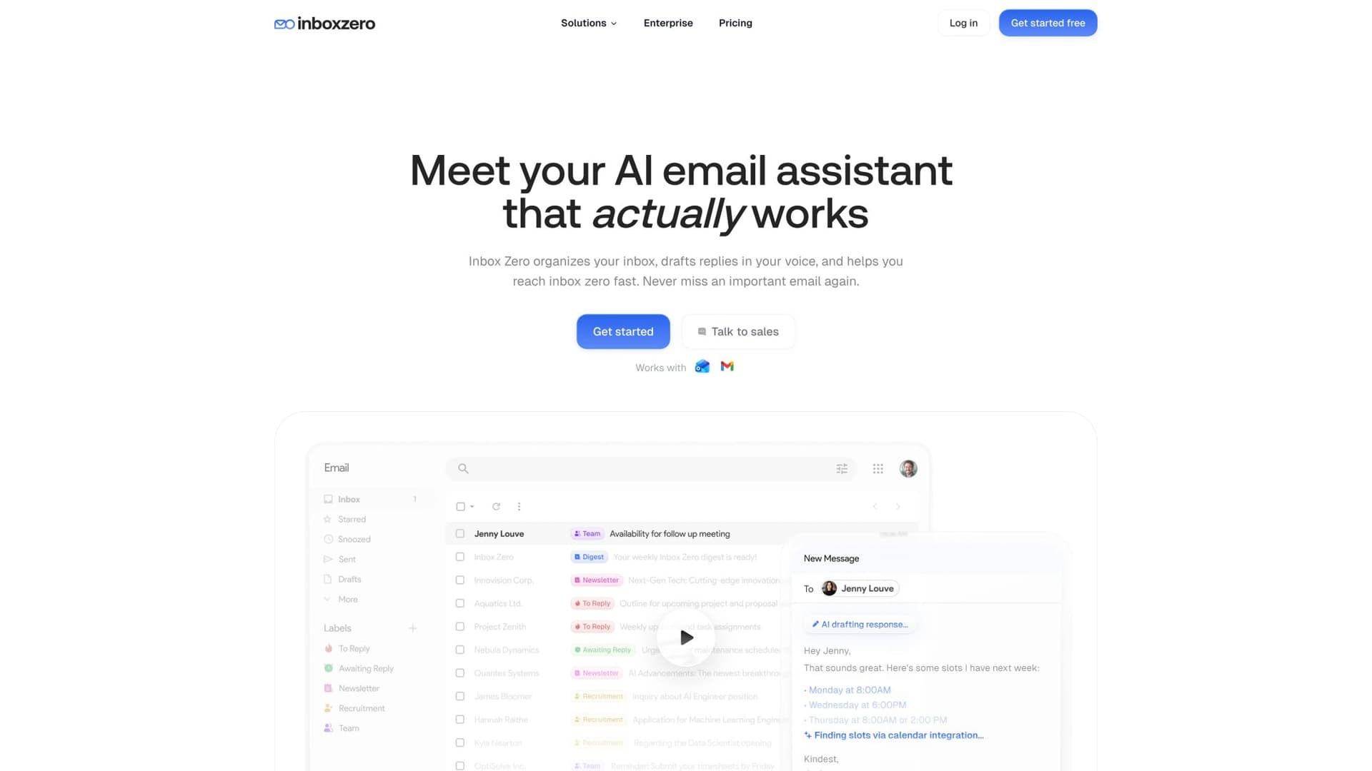 Inbox Zero homepage showing AI email assistant dashboard and key features