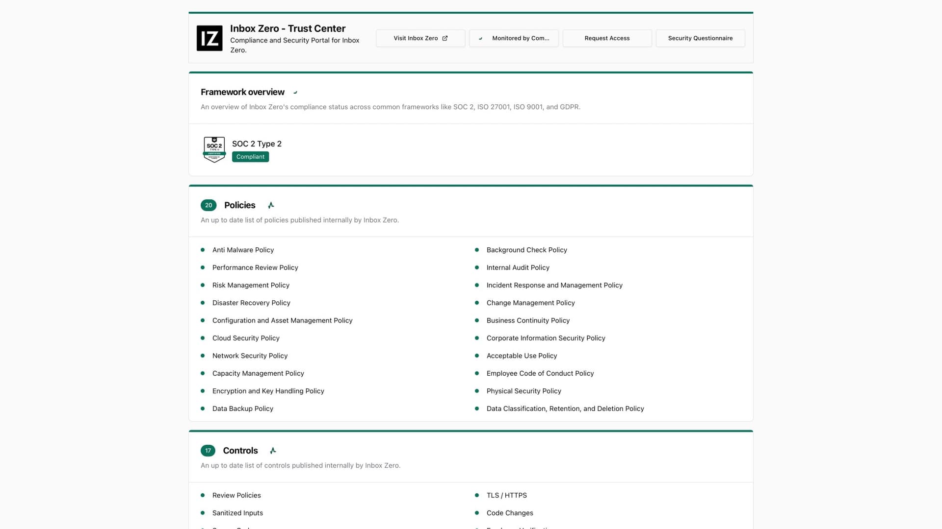 Inbox Zero Security Trust Center displaying SOC 2 compliance status, security policies, and audit controls