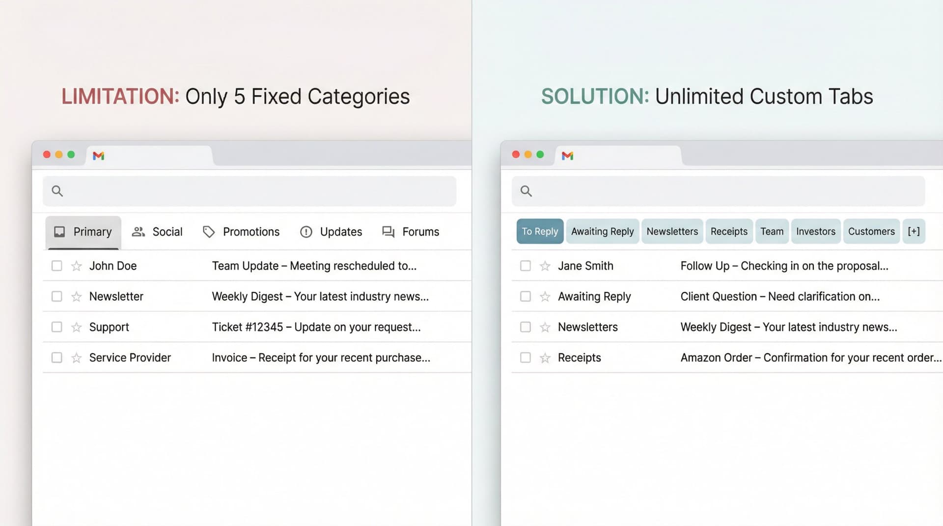 Side-by-side comparison showing Gmail's limited 5 standard tabs versus Inbox Zero's unlimited custom workflow tabs