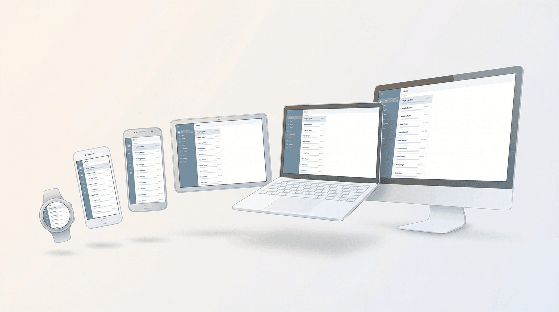 Polished email inbox displayed consistently across six devices: smartwatch, iPhone, Android phone, iPad, MacBook, and Windows laptop