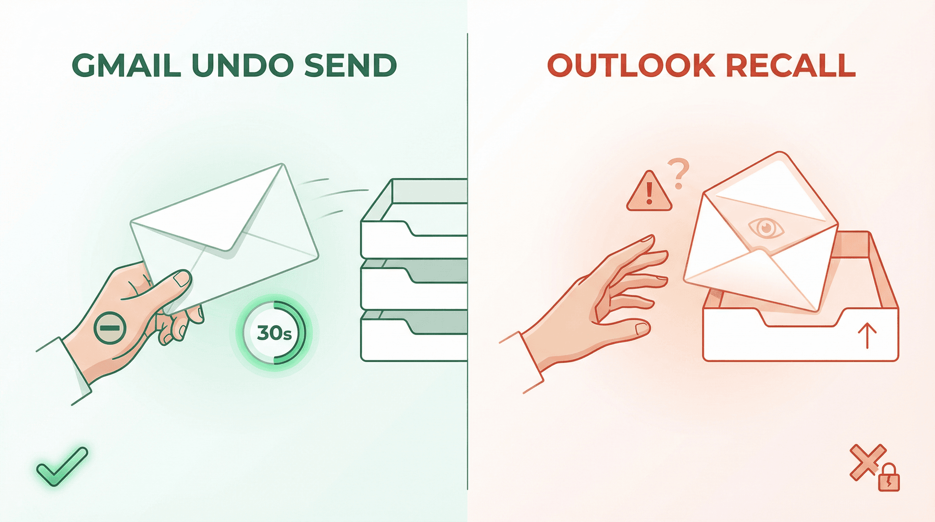 Split-panel illustration comparing Gmail Undo Send (reliable pre-delivery hold) vs Outlook Recall (unreliable post-delivery attempt)