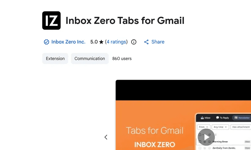 Inbox Zero Tabs for Gmail extension listing on Chrome Web Store showing ratings, reviews, and installation button