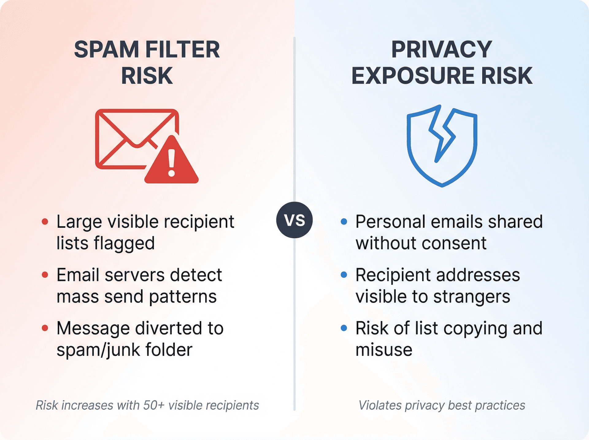 Split infographic showing spam filter warnings and privacy exposure risks from visible email recipient lists